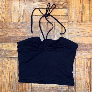 Garage, black cropped ruched tie neck halter top